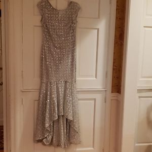 Kay Unger Silver Crochet Sequin Evening Gown